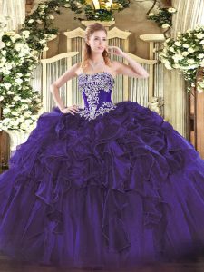 Sexy Beading and Ruffles Quince Ball Gowns Purple Lace Up Sleeveless Floor Length