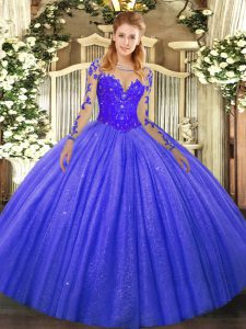 Gorgeous Blue Ball Gowns Tulle Scoop Long Sleeves Lace Floor Length Lace Up Quinceanera Gowns