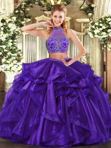 Fashionable Purple Two Pieces Organza Halter Top Sleeveless Beading and Ruffled Layers Floor Length Criss Cross Quinceanera Gowns