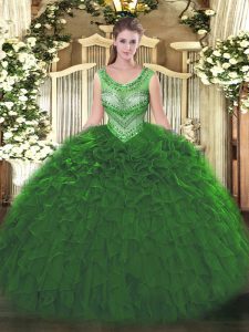 Inexpensive Ball Gowns 15 Quinceanera Dress Green Scoop Organza Sleeveless Floor Length Lace Up