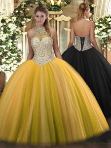 Popular Sleeveless Floor Length Beading Lace Up 15th Birthday Dress with Gold