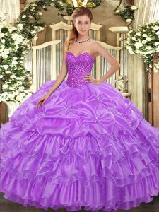 Flirting Floor Length Lace Up Quinceanera Dress Lavender for Military Ball and Sweet 16 and Quinceanera with Beading and Ruffled Layers and Pick Ups