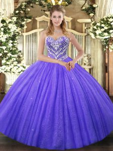 Purple Sleeveless Floor Length Beading Lace Up Quinceanera Gown