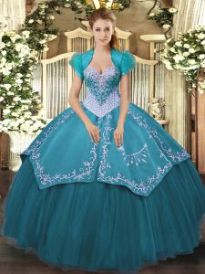 Clearance Sleeveless Satin and Tulle Floor Length Lace Up 15 Quinceanera Dress in Teal with Beading and Embroidery