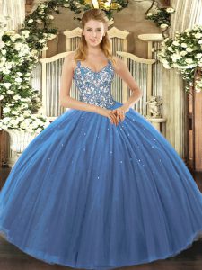 Noble Navy Blue Ball Gowns Appliques Quinceanera Gowns Lace Up Tulle Sleeveless Floor Length