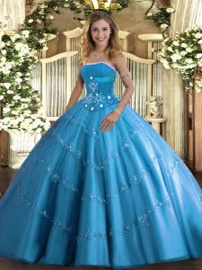 Elegant Baby Blue Quinceanera Dresses Military Ball and Sweet 16 and Quinceanera with Beading and Appliques Strapless Sleeveless Lace Up