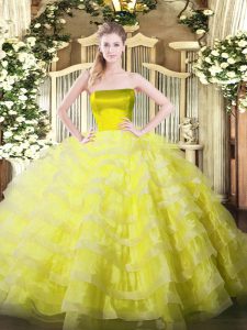 Yellow Sleeveless Floor Length Ruffled Layers Zipper Ball Gown Prom Dress