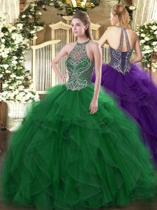 Green Organza Lace Up 15th Birthday Dress Sleeveless Floor Length Beading and Ruffles