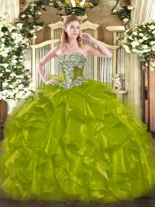 Olive Green Strapless Lace Up Beading and Ruffles 15th Birthday Dress Sleeveless