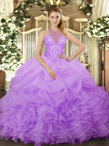Edgy Ball Gowns 15 Quinceanera Dress Lavender Halter Top Organza Sleeveless Floor Length Lace Up
