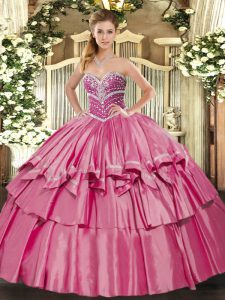 Floor Length Lace Up Quince Ball Gowns Hot Pink for Military Ball and Sweet 16 and Quinceanera with Beading and Ruffled Layers