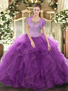 Sleeveless Tulle Floor Length Clasp Handle Sweet 16 Dresses in Eggplant Purple with Beading and Ruffled Layers
