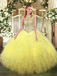 Stylish Floor Length Lace Up Sweet 16 Dress Yellow for Military Ball and Sweet 16 and Quinceanera with Beading and Ruffles