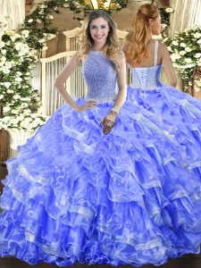 Blue 15 Quinceanera Dress Military Ball and Sweet 16 and Quinceanera with Beading and Ruffled Layers High-neck Sleeveless Lace Up