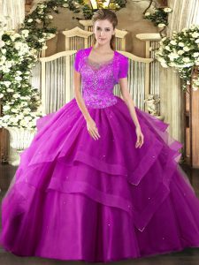 Cute Fuchsia Ball Gowns Tulle Scoop Sleeveless Beading and Ruffles Floor Length Clasp Handle Quinceanera Dress