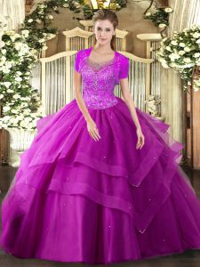 Cute Fuchsia Ball Gowns Tulle Scoop Sleeveless Beading and Ruffles Floor Length Clasp Handle Quinceanera Dress
