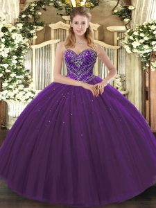 Attractive Dark Purple Tulle Lace Up Sweetheart Sleeveless Floor Length Quince Ball Gowns Beading