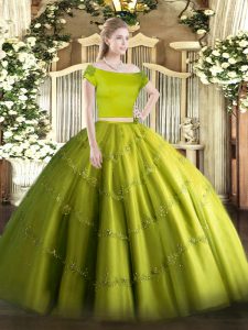 New Arrival Off The Shoulder Short Sleeves 15th Birthday Dress Floor Length Appliques Olive Green Tulle