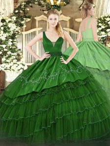 Ball Gowns Sweet 16 Quinceanera Dress Dark Green Straps Organza and Taffeta Sleeveless Floor Length Zipper