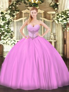 Sophisticated Lilac Sleeveless Floor Length Beading Lace Up Quinceanera Dress