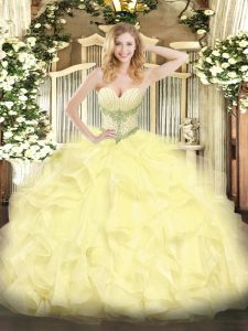 Floor Length Yellow 15th Birthday Dress Organza Sleeveless Beading and Ruffles