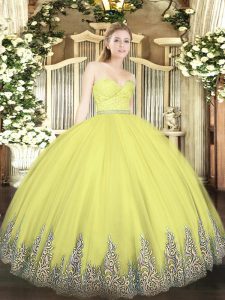 Low Price Tulle Sweetheart Sleeveless Zipper Beading and Lace and Appliques Ball Gown Prom Dress in Yellow