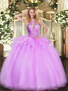 Lilac Sleeveless Organza Lace Up Ball Gown Prom Dress for Military Ball and Sweet 16 and Quinceanera