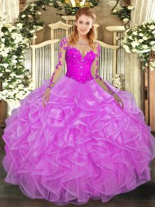 Glittering Long Sleeves Lace Up Floor Length Lace and Ruffles Sweet 16 Quinceanera Dress