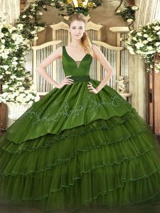 Exceptional Beading and Embroidery and Ruffled Layers Quince Ball Gowns Dark Green Zipper Sleeveless Floor Length