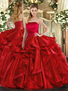 Trendy Red 15 Quinceanera Dress Military Ball and Sweet 16 and Quinceanera with Ruffles Strapless Sleeveless Lace Up
