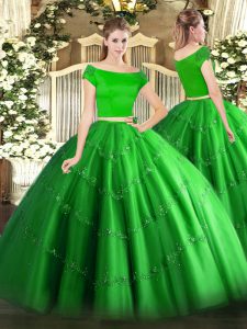 Sophisticated Green Tulle Zipper 15 Quinceanera Dress Short Sleeves Floor Length Appliques