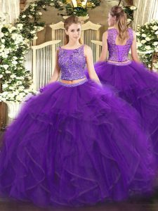 Smart Two Pieces Sweet 16 Dresses Purple Scoop Tulle Sleeveless Floor Length Lace Up