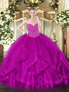 Custom Designed Sleeveless Floor Length Beading and Ruffles Lace Up 15th Birthday Dress with Fuchsia