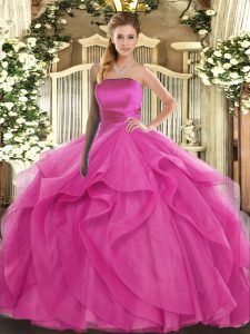 Fantastic Hot Pink Ball Gowns Tulle Strapless Sleeveless Ruffles Floor Length Lace Up Quinceanera Gown