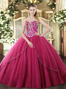 Elegant Ball Gowns Sleeveless Hot Pink Quinceanera Gown Brush Train Lace Up