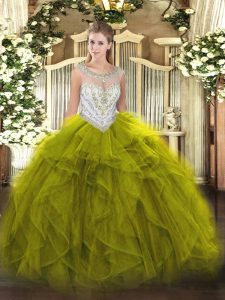 Hot Sale Floor Length Zipper Vestidos de Quinceanera Olive Green for Military Ball and Sweet 16 and Quinceanera with Beading and Ruffles