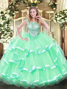 Dramatic Apple Green Tulle Lace Up Sweet 16 Quinceanera Dress Sleeveless Floor Length Beading and Ruffles