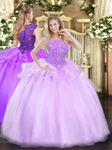 Lilac Organza Zipper Scoop Sleeveless Floor Length Ball Gown Prom Dress Beading