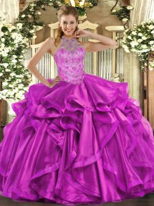 Organza Halter Top Sleeveless Lace Up Beading and Embroidery and Ruffles Quince Ball Gowns in Fuchsia