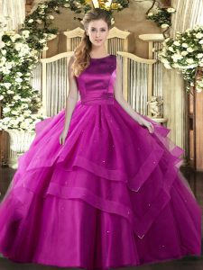 Customized Sleeveless Tulle Floor Length Lace Up Ball Gown Prom Dress in Fuchsia with Ruffles and Ruffled Layers