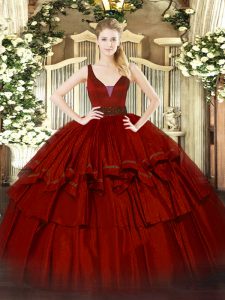 Wine Red Ball Gowns Beading and Ruffled Layers Sweet 16 Quinceanera Dress Zipper Organza Sleeveless Floor Length