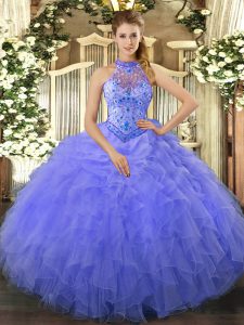 Gorgeous Blue Ball Gowns Halter Top Sleeveless Organza Floor Length Lace Up Beading and Embroidery and Ruffles Vestidos de Quinceanera