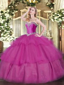 Nice Fuchsia Quince Ball Gowns Military Ball and Sweet 16 and Quinceanera with Beading and Ruffled Layers Sweetheart Sleeveless Lace Up