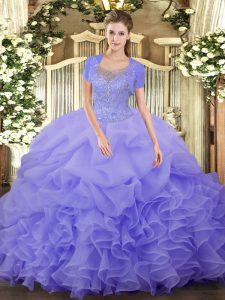 Graceful Floor Length Lavender Quince Ball Gowns Tulle Sleeveless Beading and Ruffled Layers