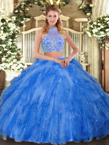 Floor Length Criss Cross Sweet 16 Dresses Teal for Military Ball and Sweet 16 and Quinceanera with Beading and Ruffles