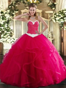 Hot Pink Sleeveless Tulle Lace Up Quinceanera Dress for Military Ball and Sweet 16 and Quinceanera