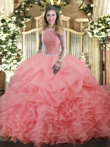 Noble Floor Length Watermelon Red 15 Quinceanera Dress High-neck Sleeveless Lace Up