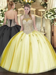 Beautiful Yellow Lace Up Halter Top Beading and Appliques Ball Gown Prom Dress Tulle Sleeveless