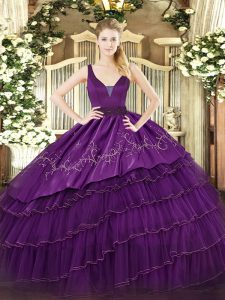 Organza and Taffeta Straps Sleeveless Zipper Embroidery and Ruffled Layers Quinceanera Gowns in Purple