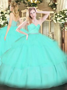 Apple Green Quinceanera Dresses Military Ball and Sweet 16 and Quinceanera with Beading and Lace and Ruffled Layers Sweetheart Sleeveless Zipper